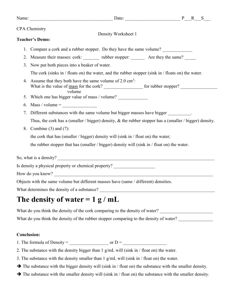 Density Calculations Worksheet I