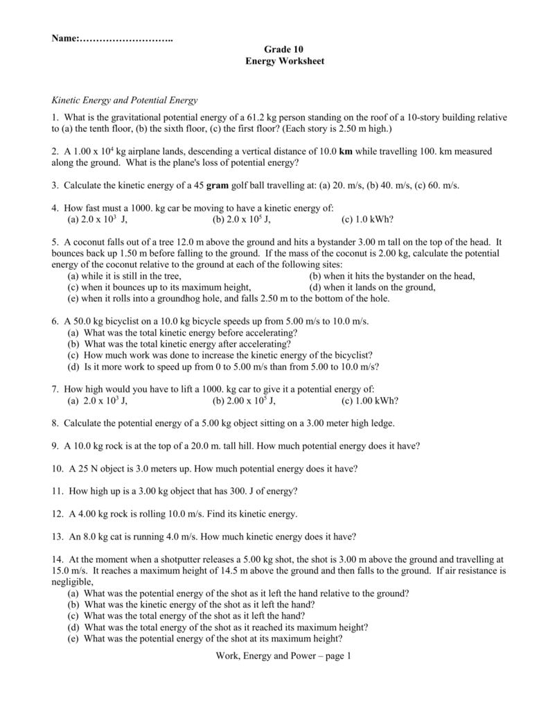 Work, Power and Energy Worksheet Within Work Power And Energy Worksheet