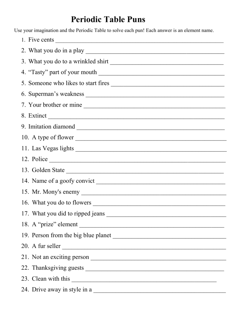 Periodic Table Puns Intended For Periodic Table Puns Worksheet