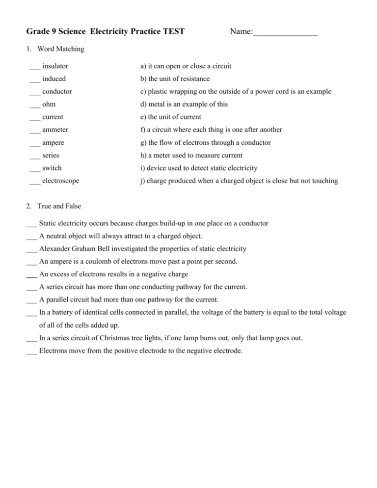 Grade 9 Science Electricity Test Activity 1 7