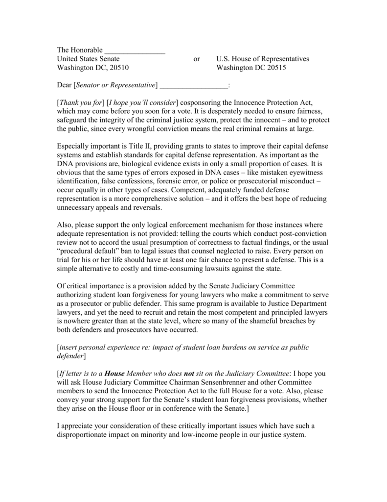 Sample letter for defenders to write to congressional representatives