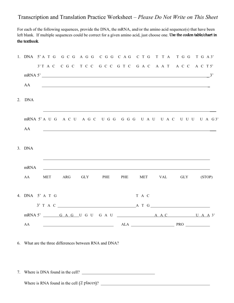 Transcription and Translation Practice Worksheet For Protein Synthesis Practice Worksheet