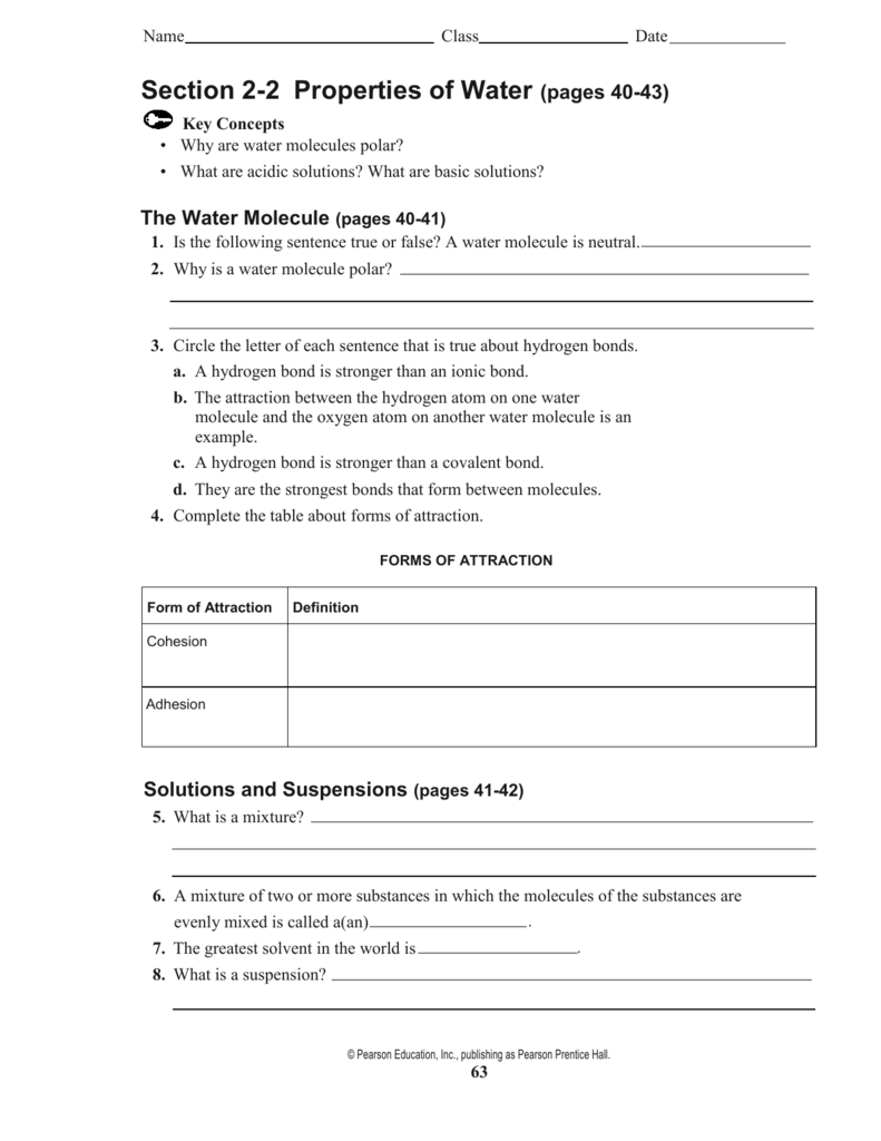 Properties Of Water Worksheet