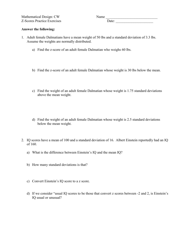 Z Score Practice Worksheets