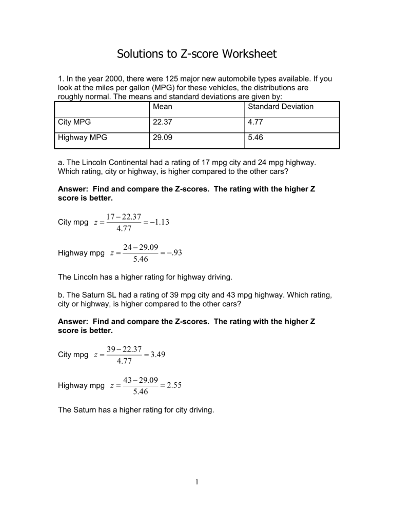 Solutions To Z score Worksheet