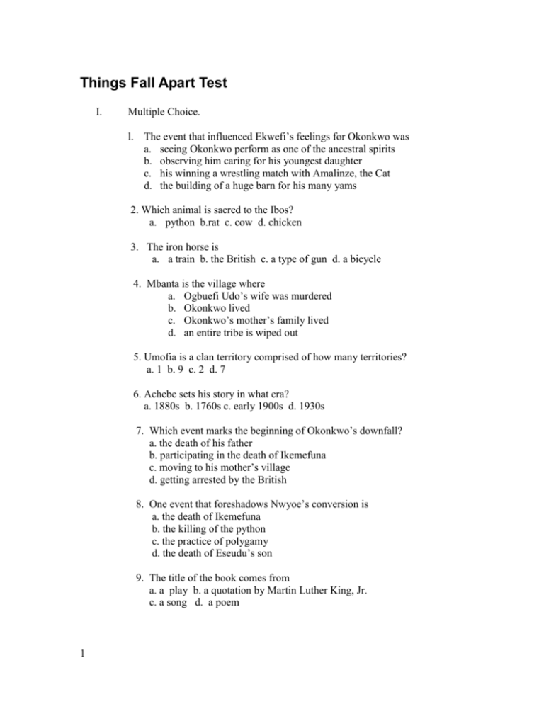 Things Fall Apart Test Advanced Placement English 12