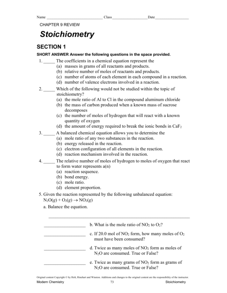 introduction to stoichiometry assignment active