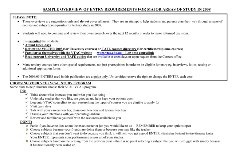 OVERVIEW OF ENTRY REQUIREMENTS FOR 2006