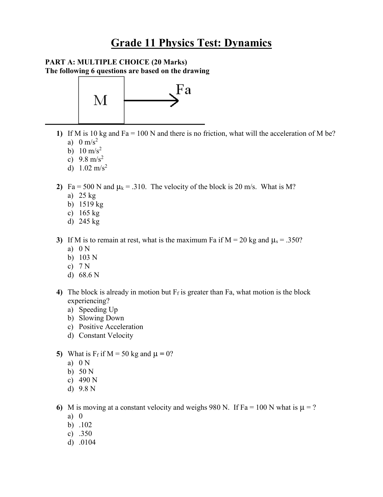 Grade 11 Physics Test Dynamics