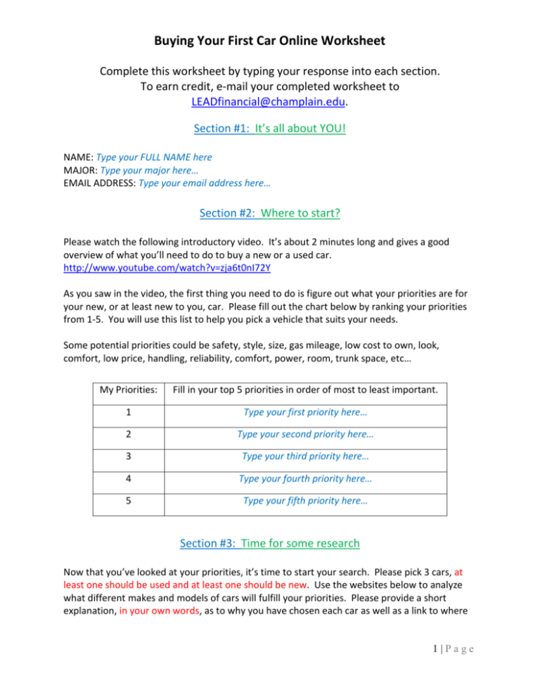 Purchasing And Financing A Car Worksheet Answers