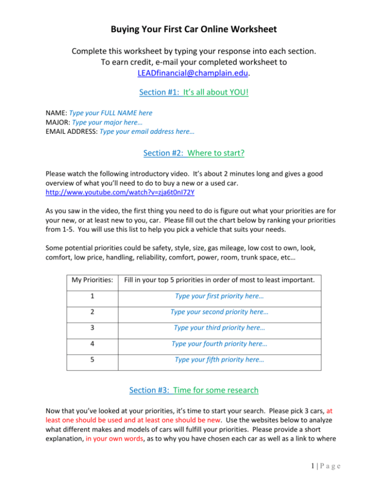 Financing Your Car Worksheet