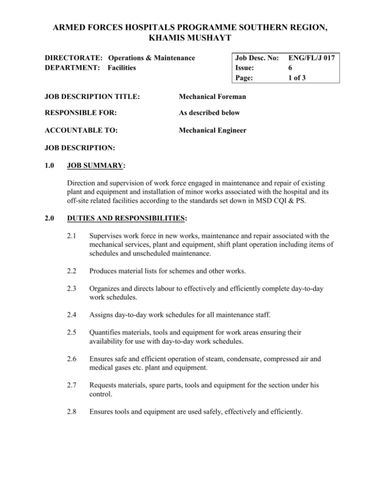 Mechanical Foreman Job Description