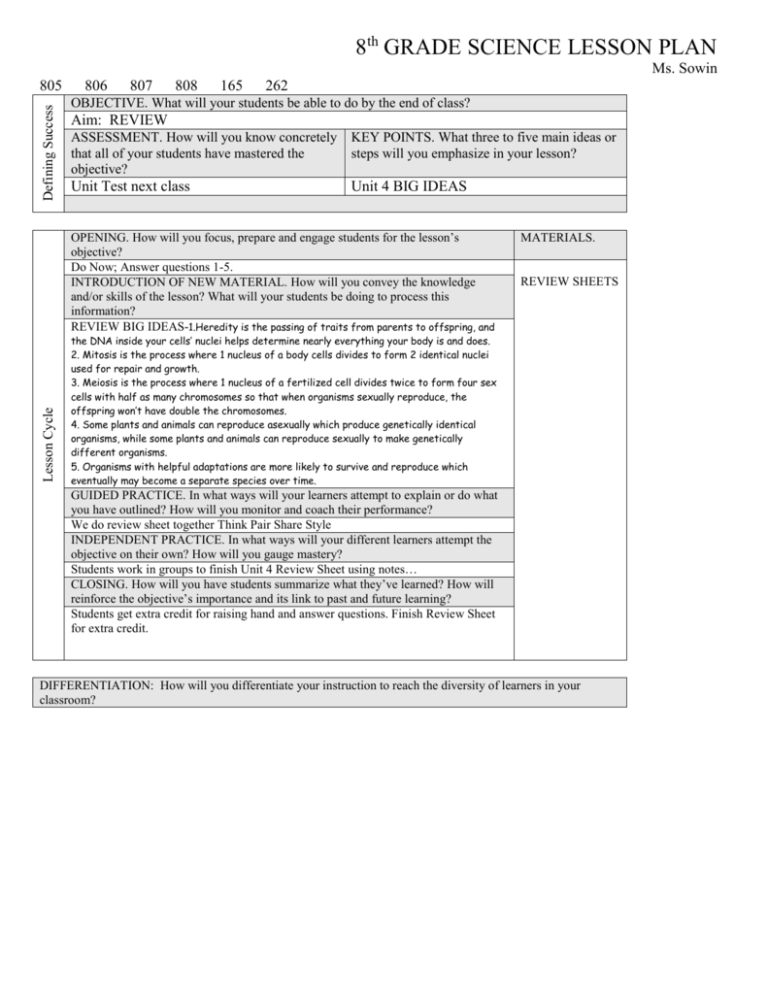 8th GRADE SCIENCE LESSON PLAN Science339