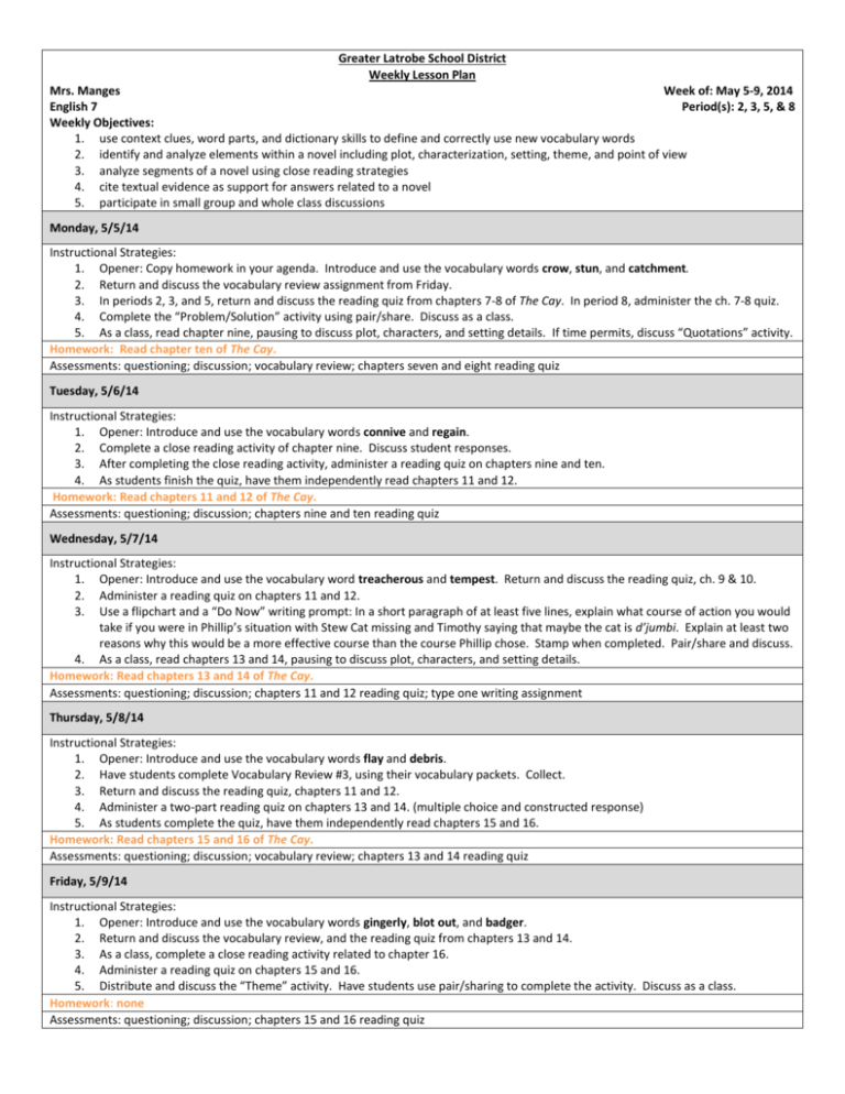 Greater Latrobe School District Weekly Lesson Plan Mrs. Manges