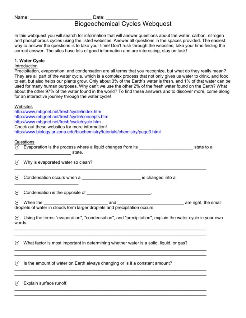 Biogeochemical Cycles Webquest - FBM Intended For Biogeochemical Cycles Worksheet Answers