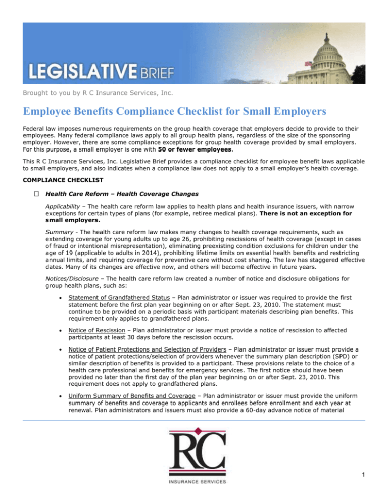 Employee Benefits Compliance Checklist For Small