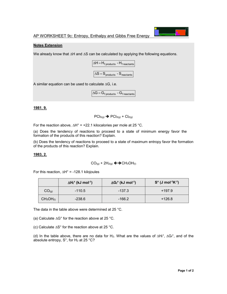 AP WORKSHEET 21c: Entropy, Enthalpy and Gibbs Free Energy With Gibbs Free Energy Worksheet