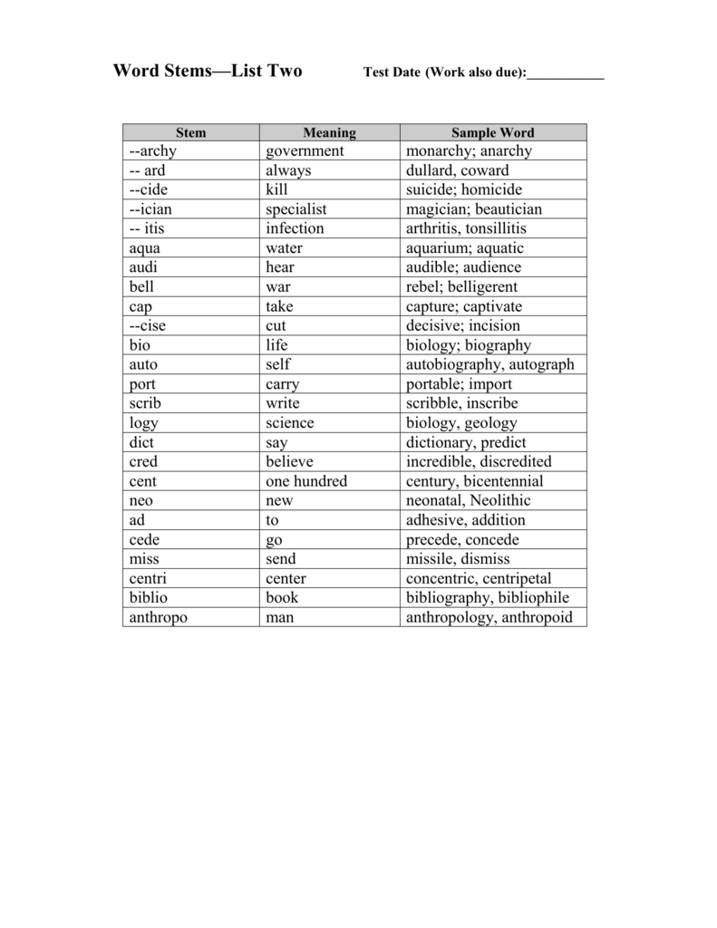 Word Stems List Three Test Date