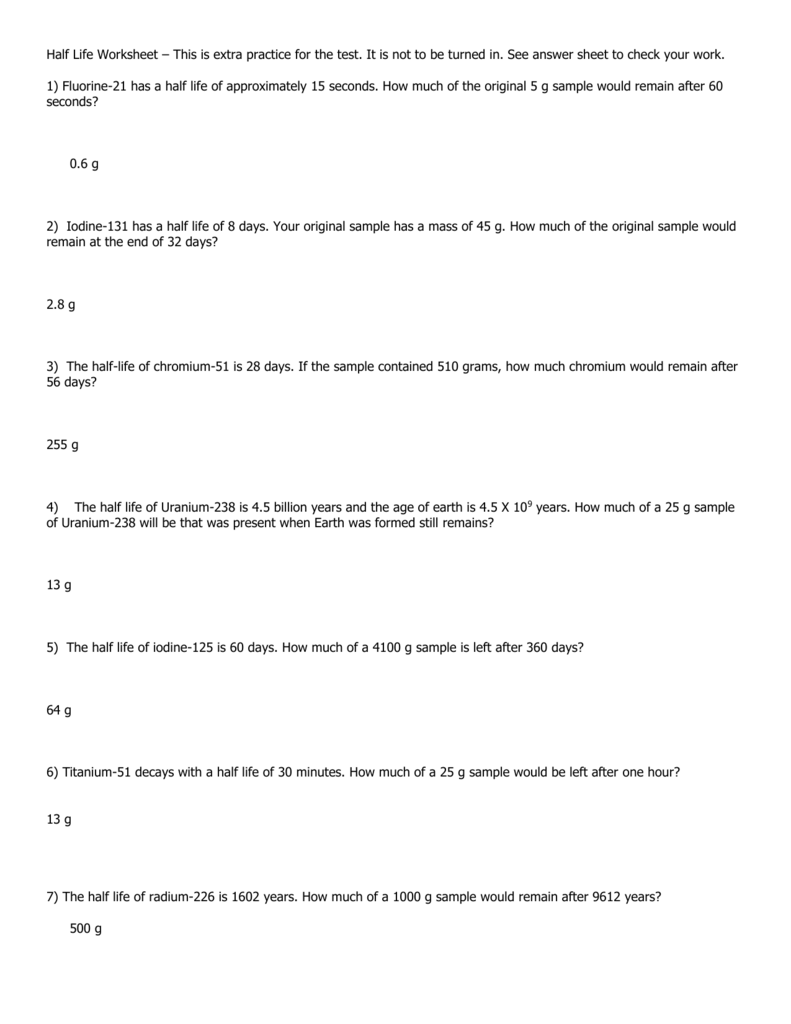 Half Life Worksheet key Pertaining To Half Life Worksheet Answers