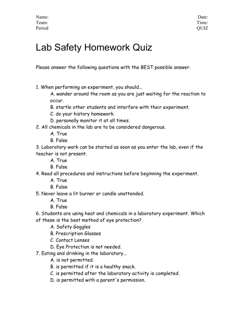 lab safety quiz worksheet