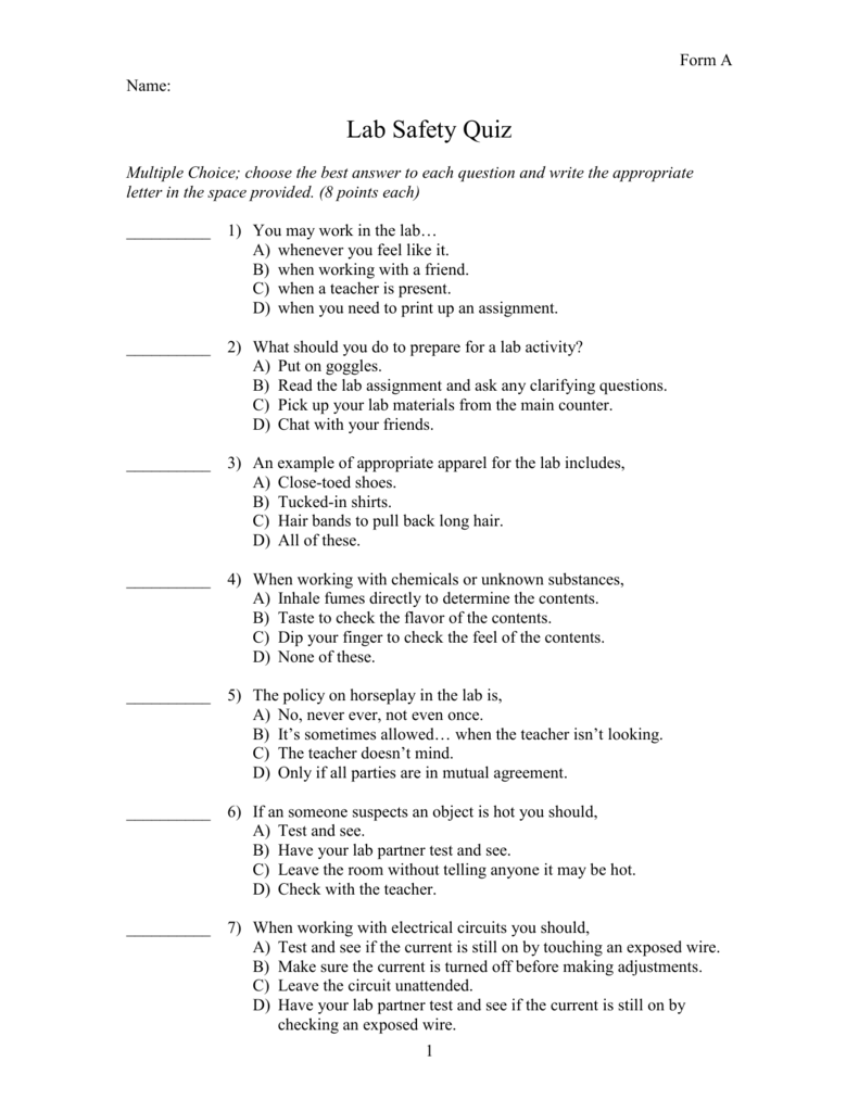 lab safety minor task questions