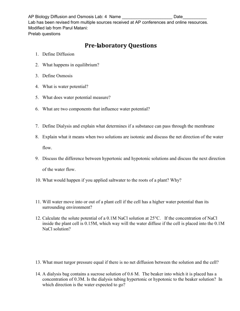 Revised Diffusion and Osmosis Lab