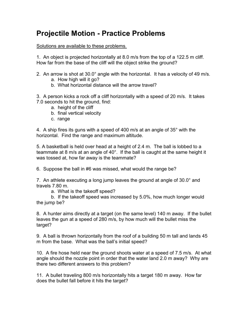 Projectile Practice Probs Throughout Projectile Motion Worksheet With Answers