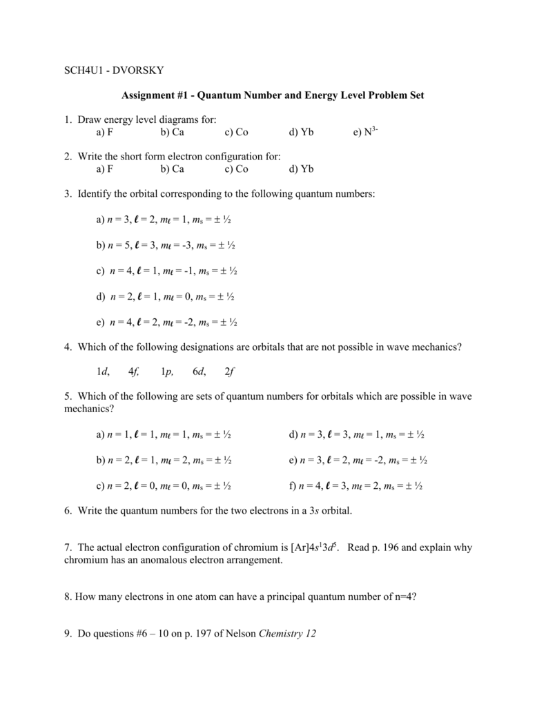 Assignment #25 For Quantum Numbers Practice Worksheet