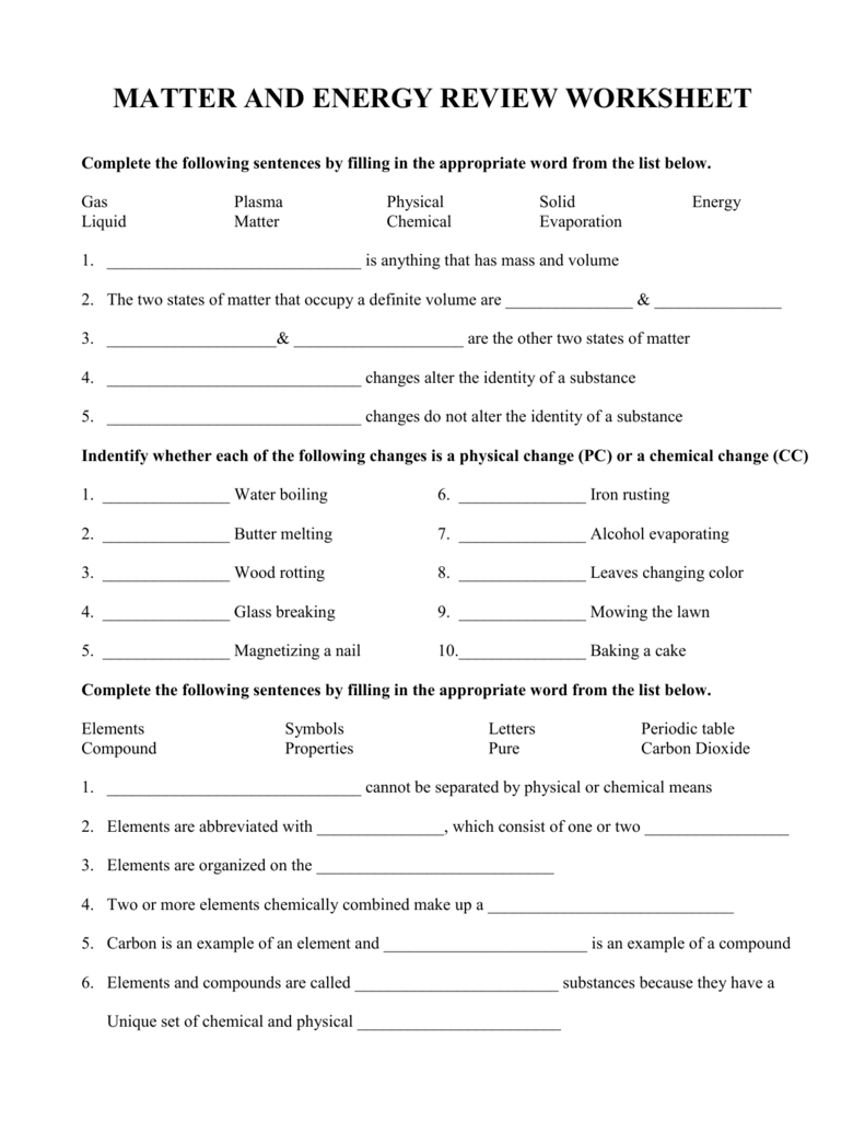 matter and energy review worksheet Intended For Matter And Energy Worksheet