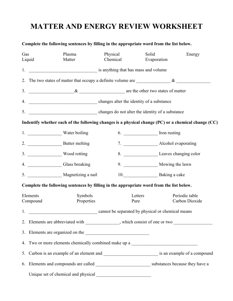 matter and energy review worksheet In Matter And Energy Worksheet