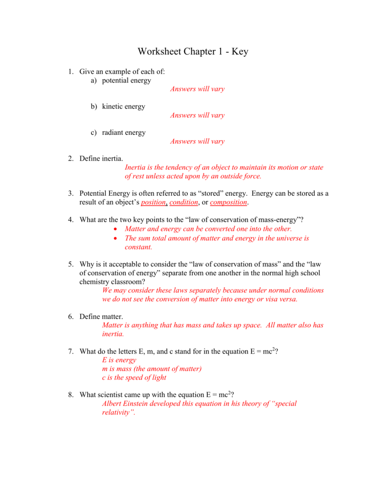 Conservation Of Mass Worksheet