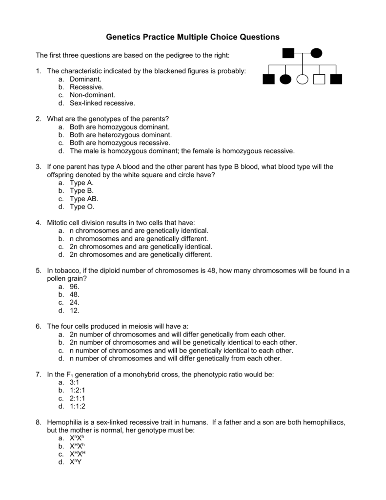 Genetics Practice Multiple Choice Questions Science With