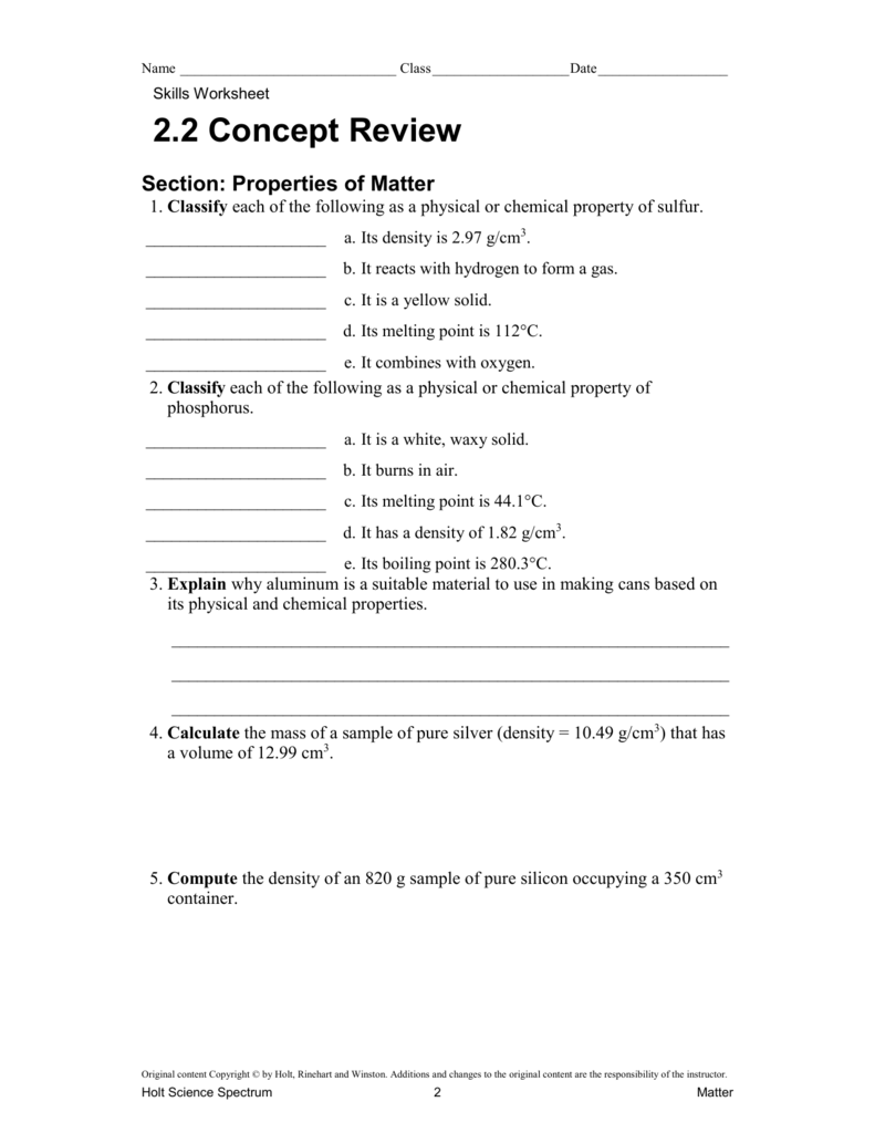 255.255 Properties of Matter Concept Review/More Practice In Physical Properties Of Matter Worksheet