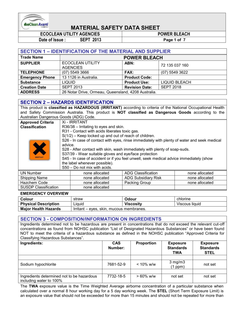 SAFETY DATA SHEET Jeyes Parozone Original Thick Bleach Arco