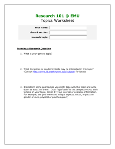 Research 101 @ EMU Topics Worksheet Your name: class
