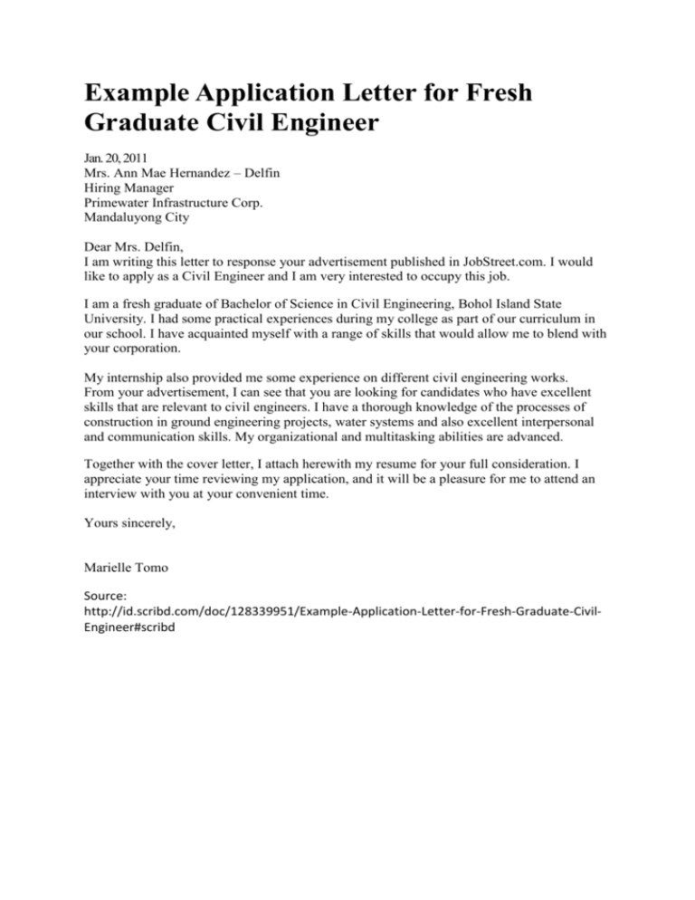 Example Application Letter For Fresh Graduate Civil Engineer Jan