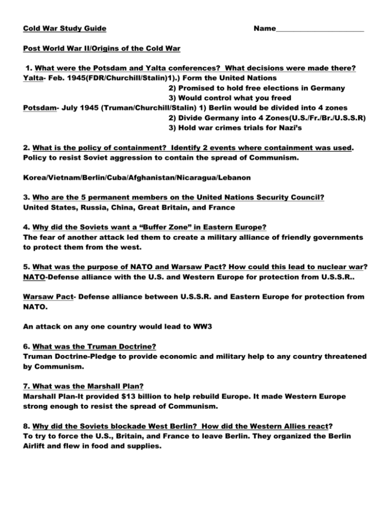 World History files Cold War Study Guide Answers 2011 World History files Cold War Study Guide Answers 2011