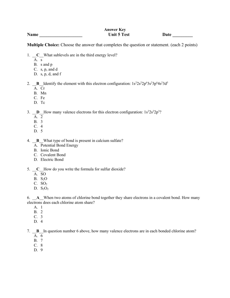 Unit 5 Test Answer Key