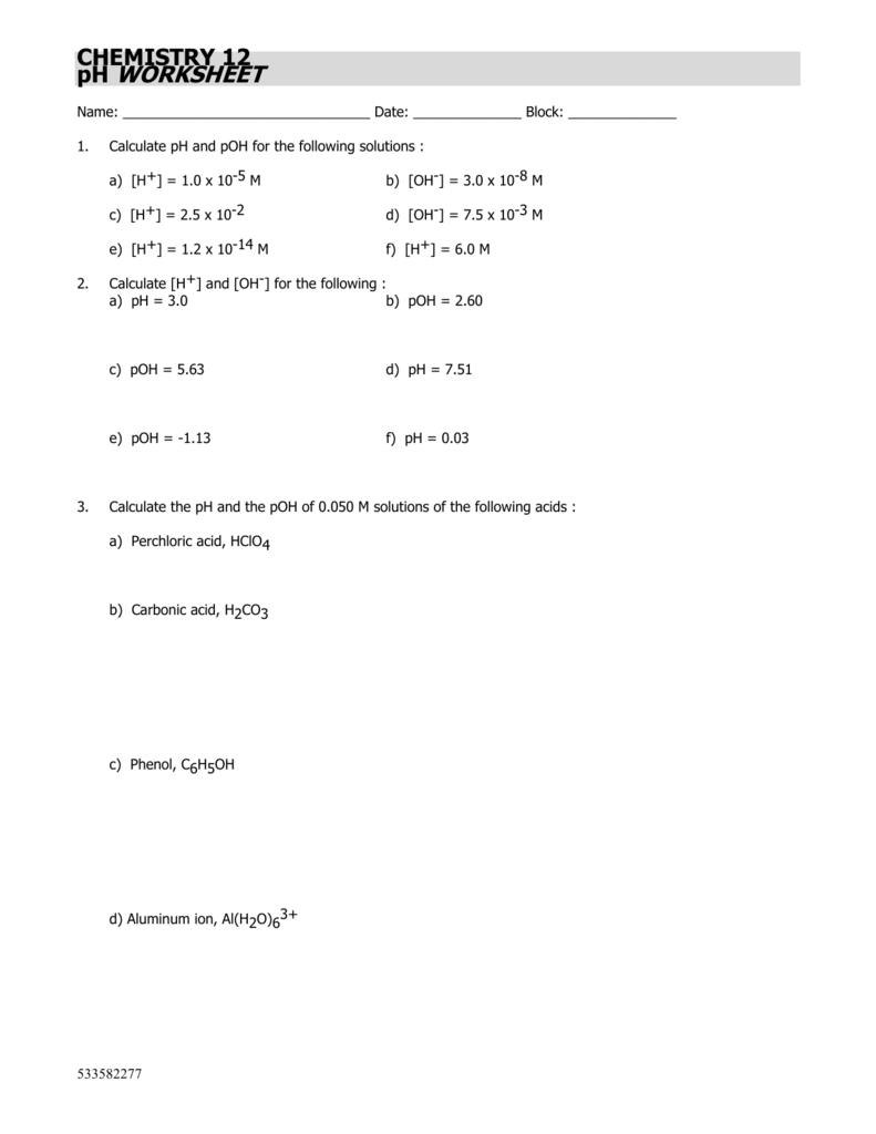 CHEMISTRY 22 pH WORKSHEET Pertaining To Ph And Poh Worksheet Answers