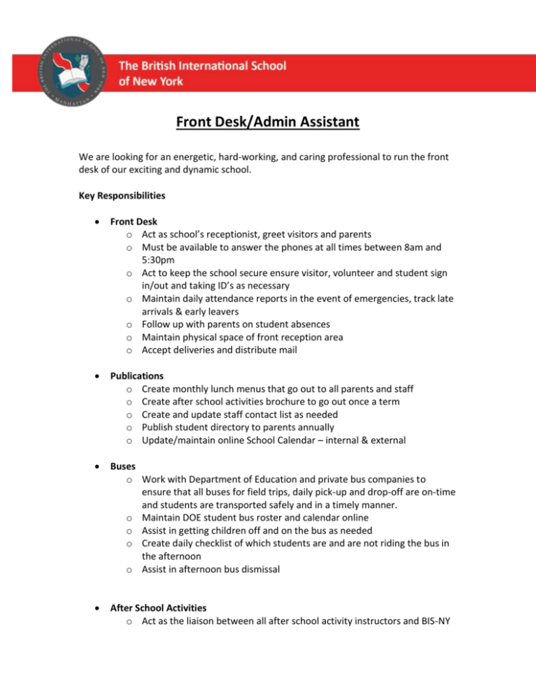 Front Desk Job Description - The British International School of New