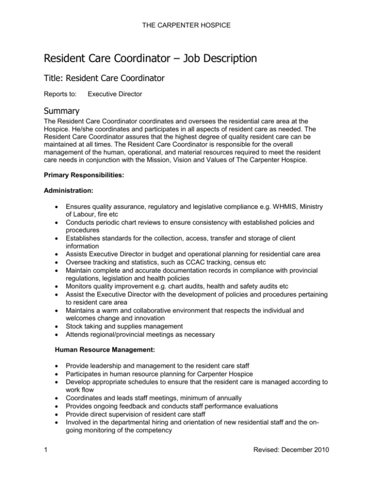 Resident Care Coordinator Job Description