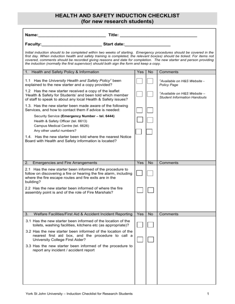 Health And Safety Induction Checklist