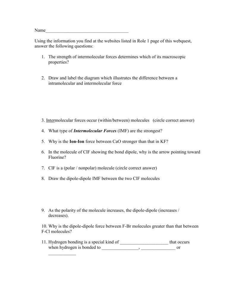 the Intermolecular Forces Worksheet Intended For Forces Worksheet 1 Answer Key