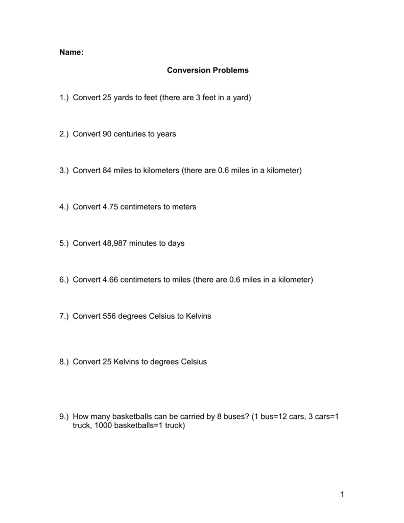 Dimensional Analysis Problems Worksheet