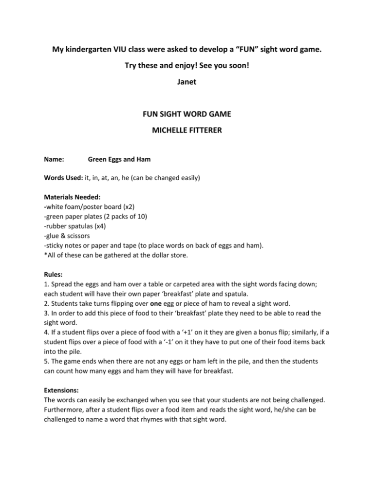 Handouts files SIGHT WORD GAME All Games 1