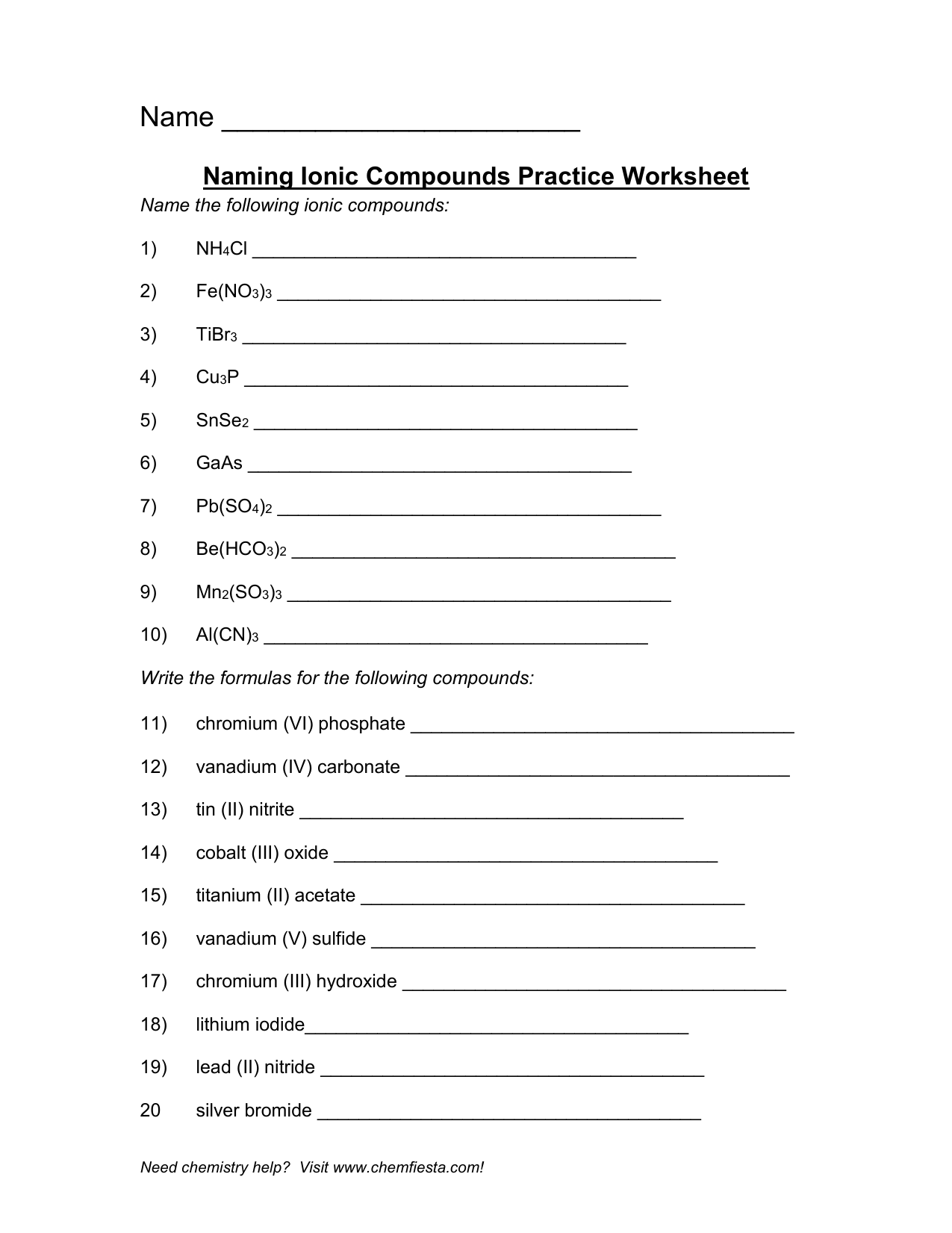 Mixed Ionic/Covalent Compound Naming Within Naming Molecular Compounds Worksheet