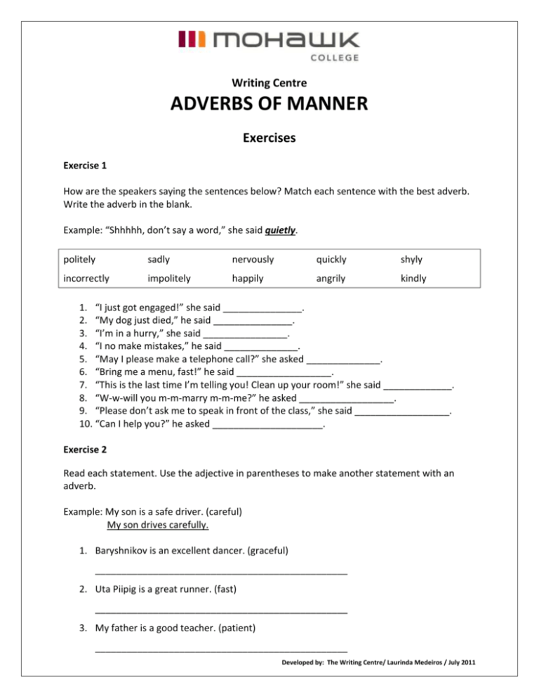 Adverbs Of Manner Exercises Worksheets