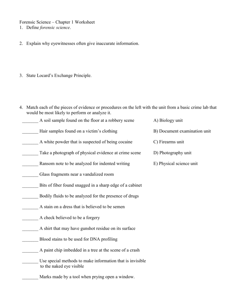 Forensic Science Chapter 1 Worksheet