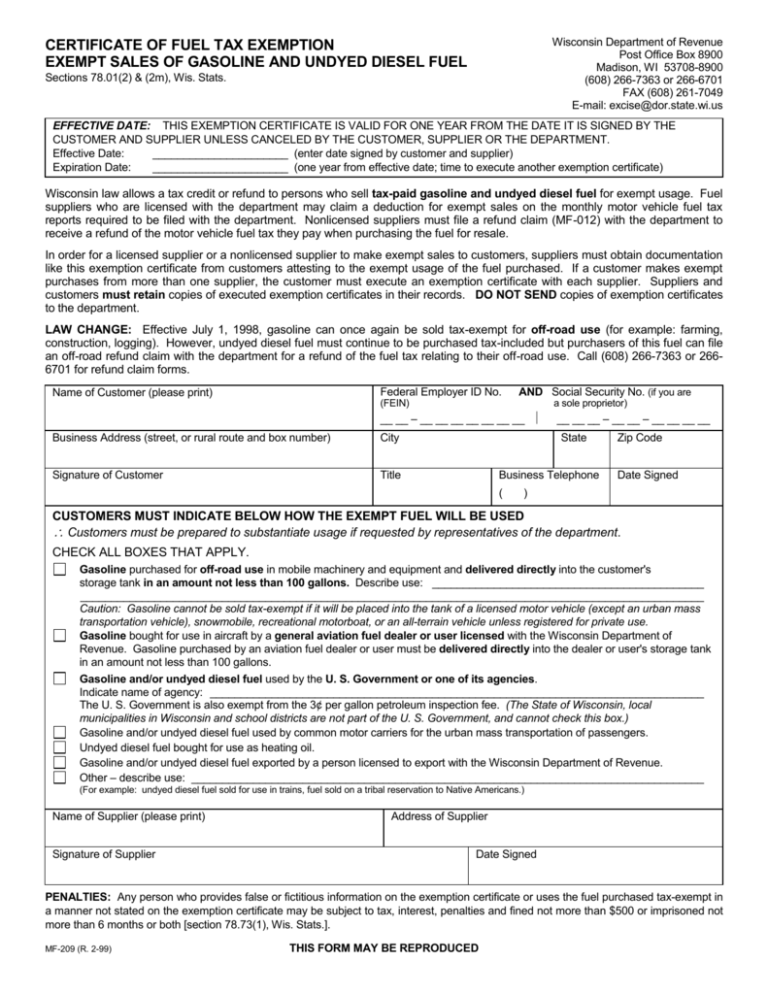 Certificate Of Fuel Tax Exemption