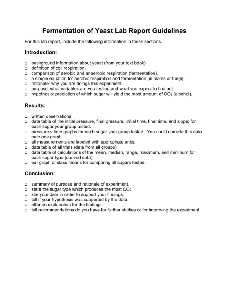 Fermentation Of Yeast Lab Report Guidelines